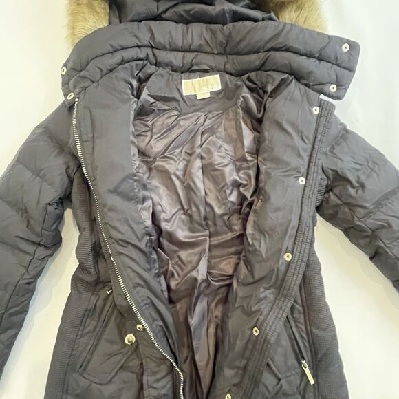NWT Michael Kors Faux Fur Hooded Coat MK Logo Brown Down Jacket Charcoal - PS - Picture 9 of 16